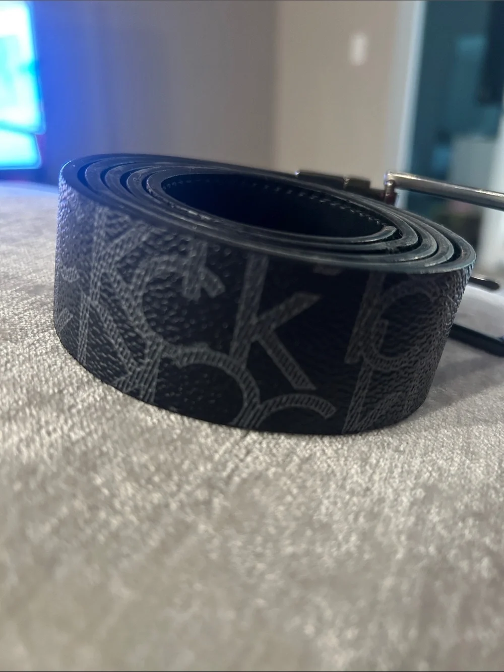 Calvin Klein Black Monogram Leather Belt with Dark Gunmetal Buckle
